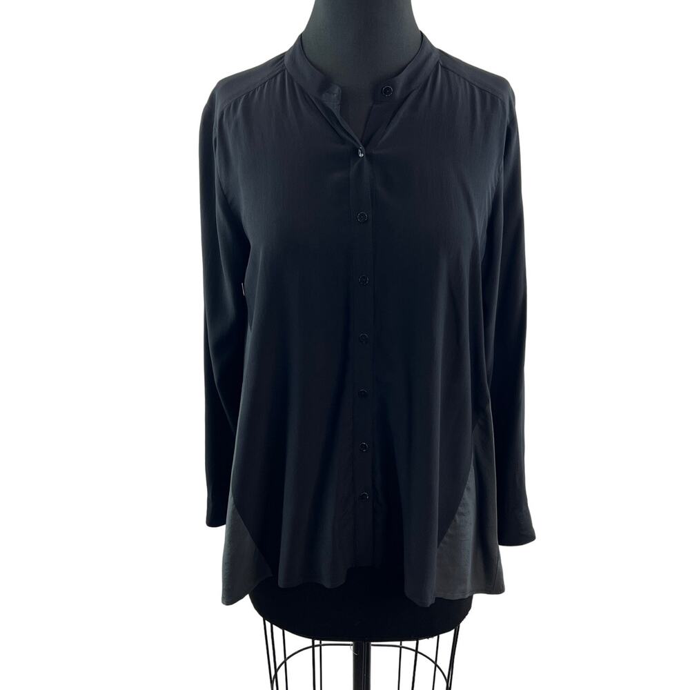 EILEEN FISHER Black Gray Top Silk Long Sleeve Band Collar Button-Up Size Small S